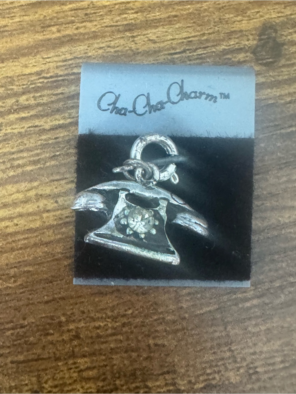 Cha-Cha Charm Vintage Telephone Charm‎ Rhinestone Silver Tone NOS On Card